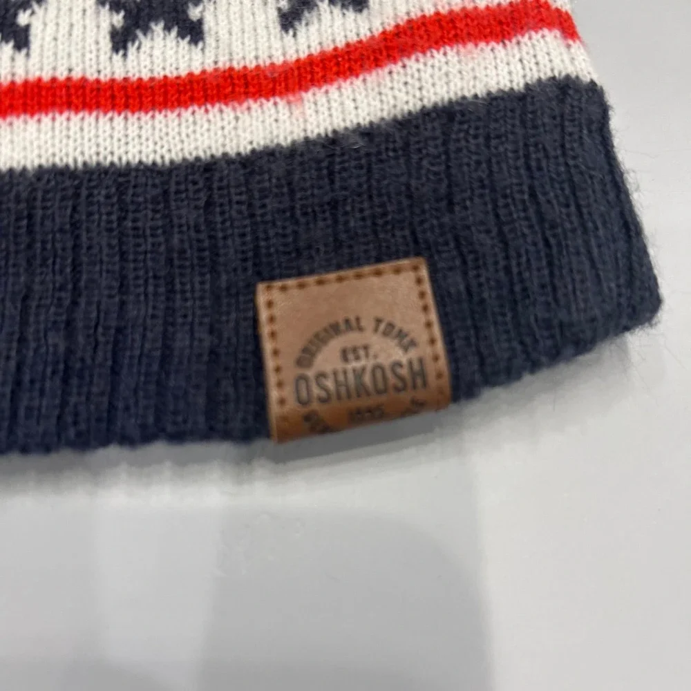 OshKosh B'gosh Beanie Hat Kids Size 4-7 White Navy USA Stars Patriotic Knit
